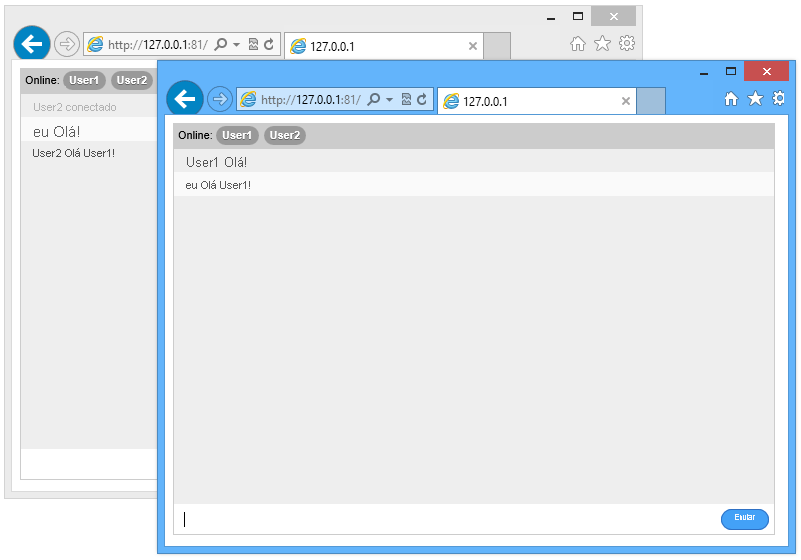 Duas janelas de navegador exibindo mensagens de chat do Usuário1 e do Usuário2