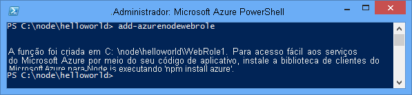 A saída do comando Add-AzureNodeWebRole.