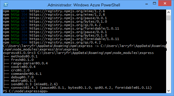 Windows PowerShell displaying the output of the npm install express command.