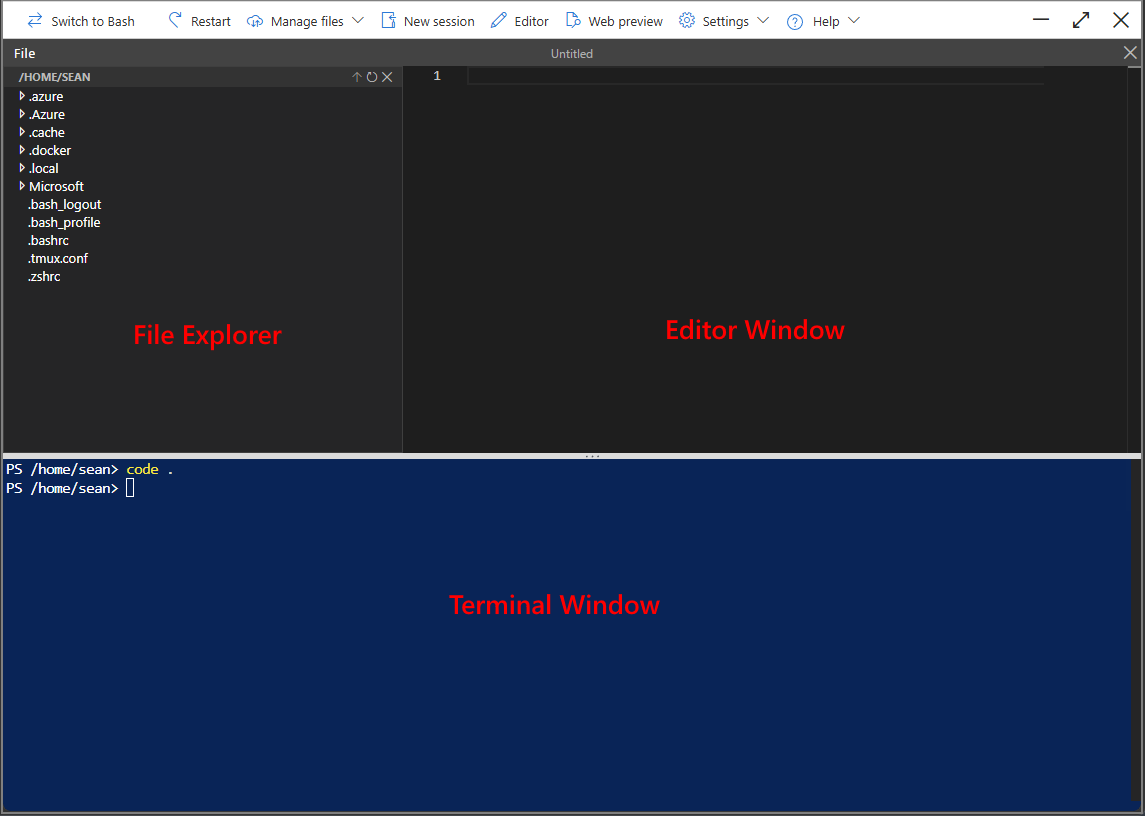 Captura de tela do editor do Cloud Shell.