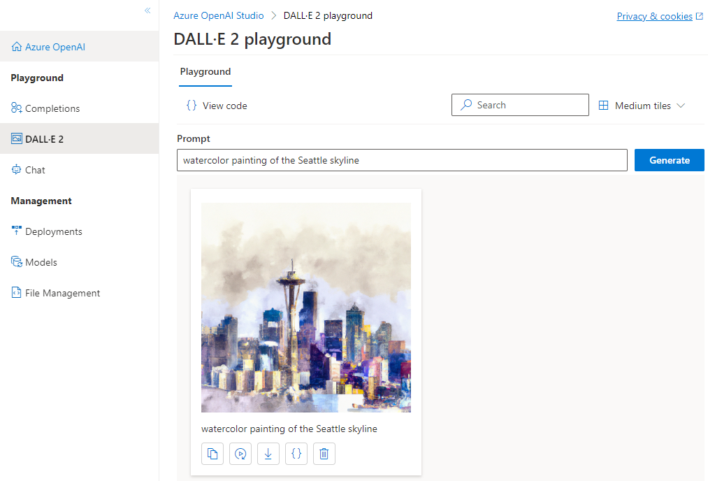 Captura de tela da página de aterrissagem do Estúdio do OpenAI do Azure mostrando o playground DALL-E (versão prévia) com imagens de ursos polares geradas por IA.