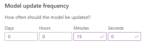Model update frequency sets how often a new Personalizer model is retrained.