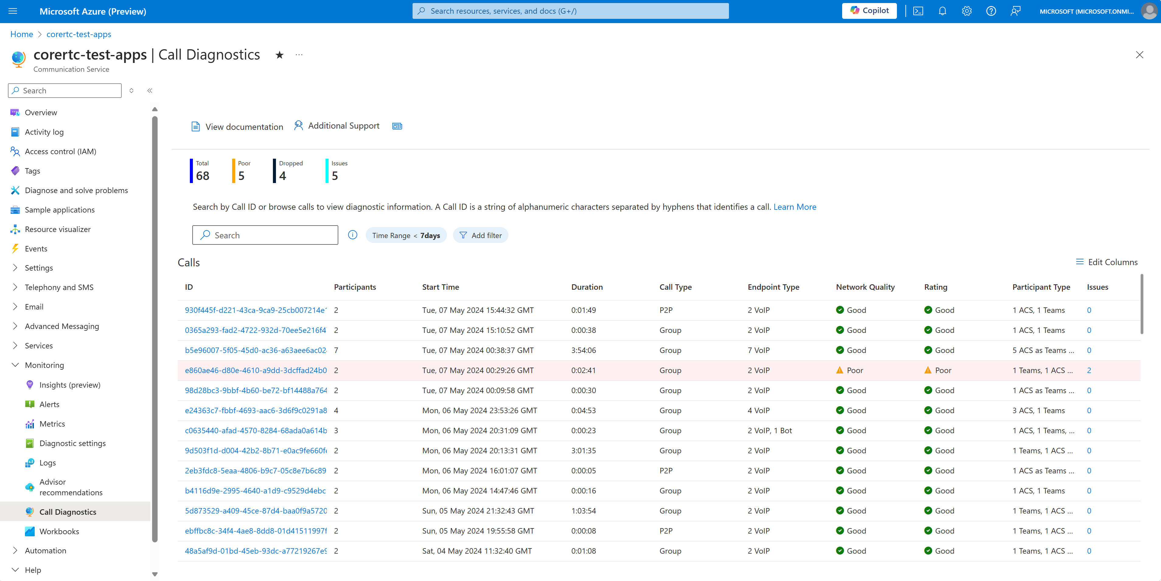 Captura de tela da Pesquisa de Chamadas de Diagnóstico de Chamadas mostrando chamadas recentes para o recurso dos Serviços de Comunicação do Azure.