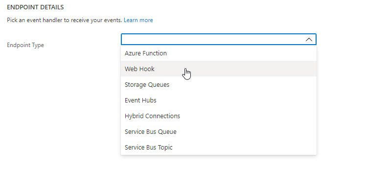 Captura de tela que mostra um detalhe do diálogo Criar Assinatura de Evento. Na lista Tipo de Ponto de Extremidade, o Web Hook está selecionado.