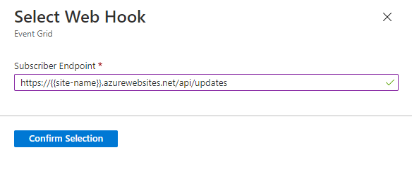 Captura de tela que mostra o diálogo Selecionar web hook. A caixa Ponto de extremidade do assinante contém uma URL e um botão Confirmar Seleção está visível.