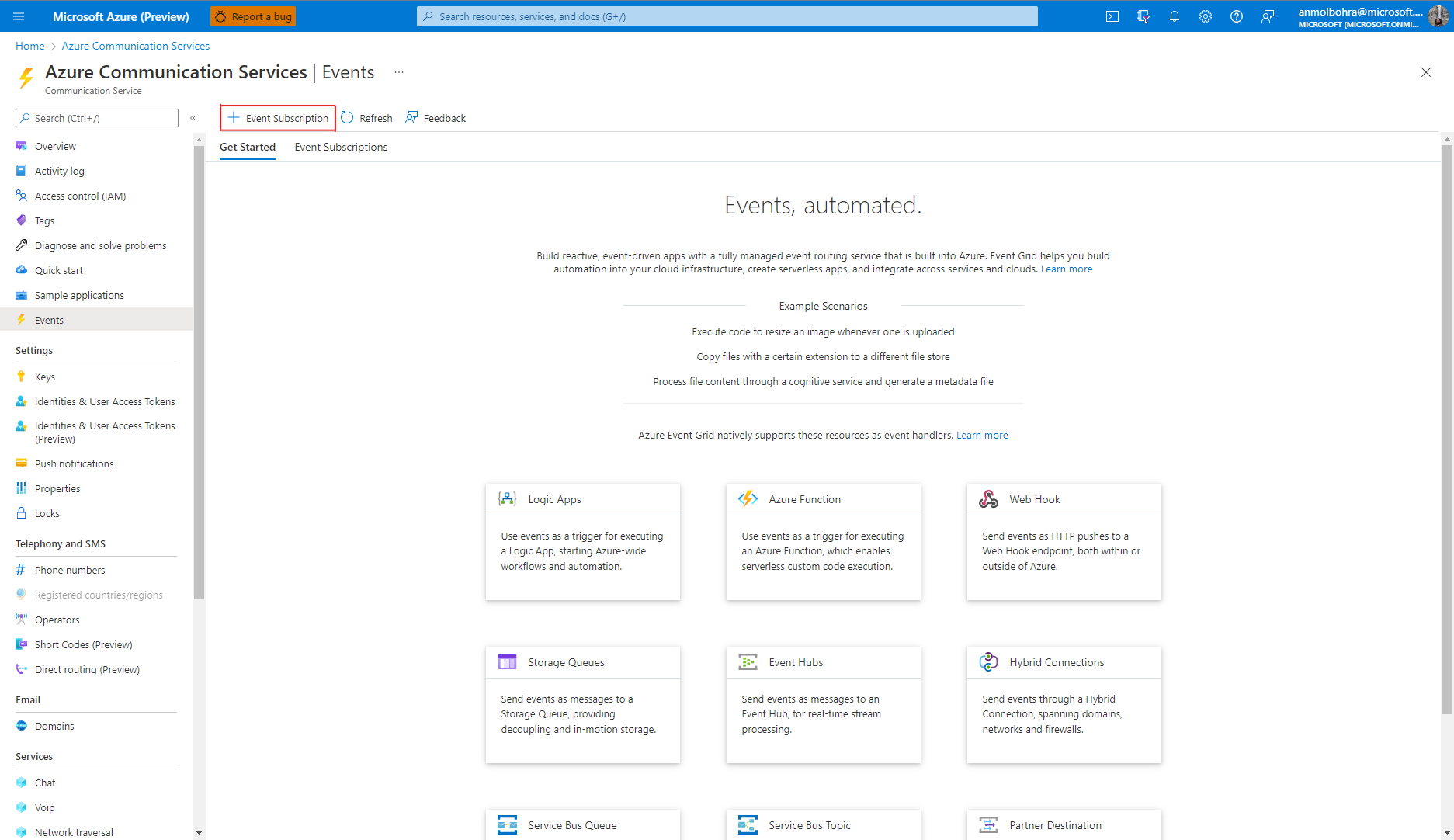 Captura de tela que mostra a página Eventos de um recurso dos Serviços de Comunicação do Azure. O botão Inscrição de Evento está destacado.