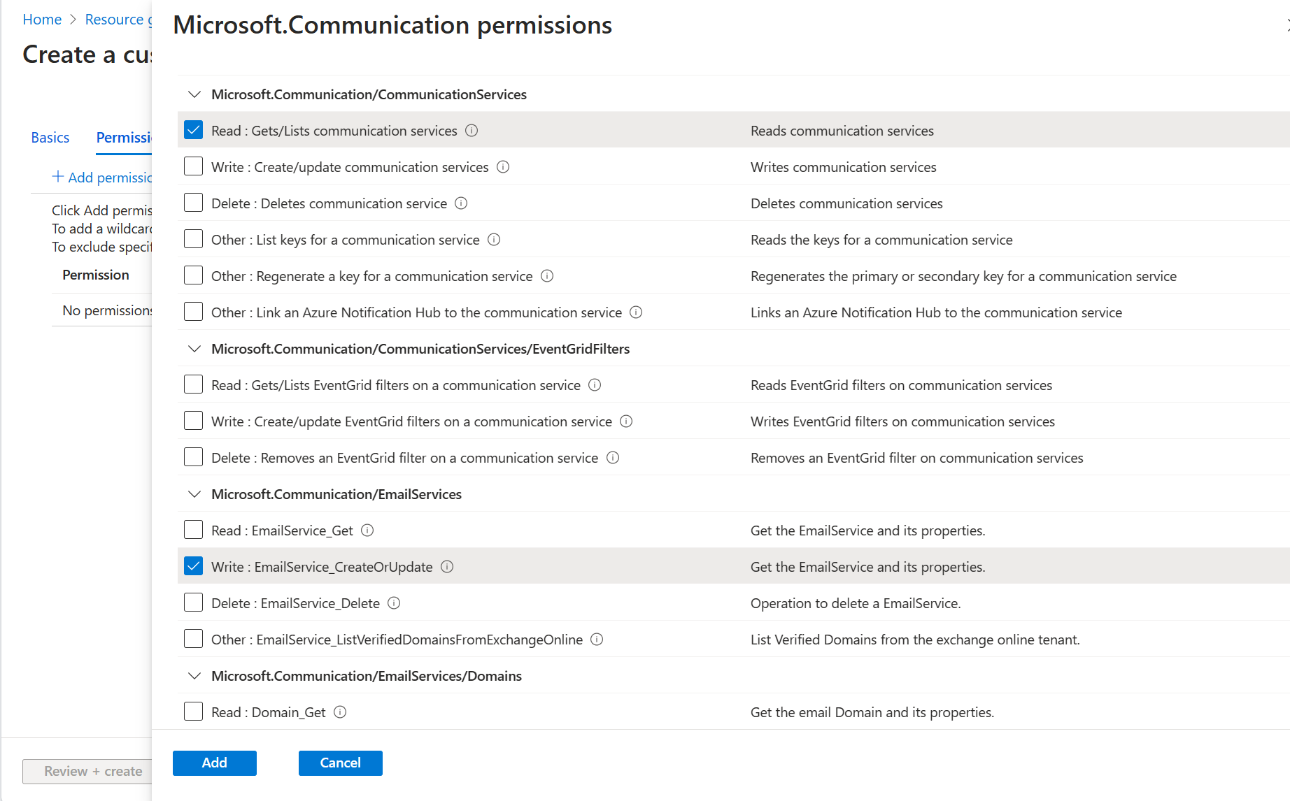 Captura de tela que mostra a adição de permissões dos Serviços de Comunicação do Azure.