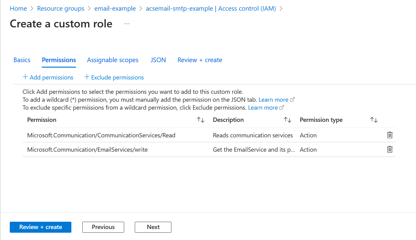 Captura de tela que mostra a revisão da nova função personalizada.