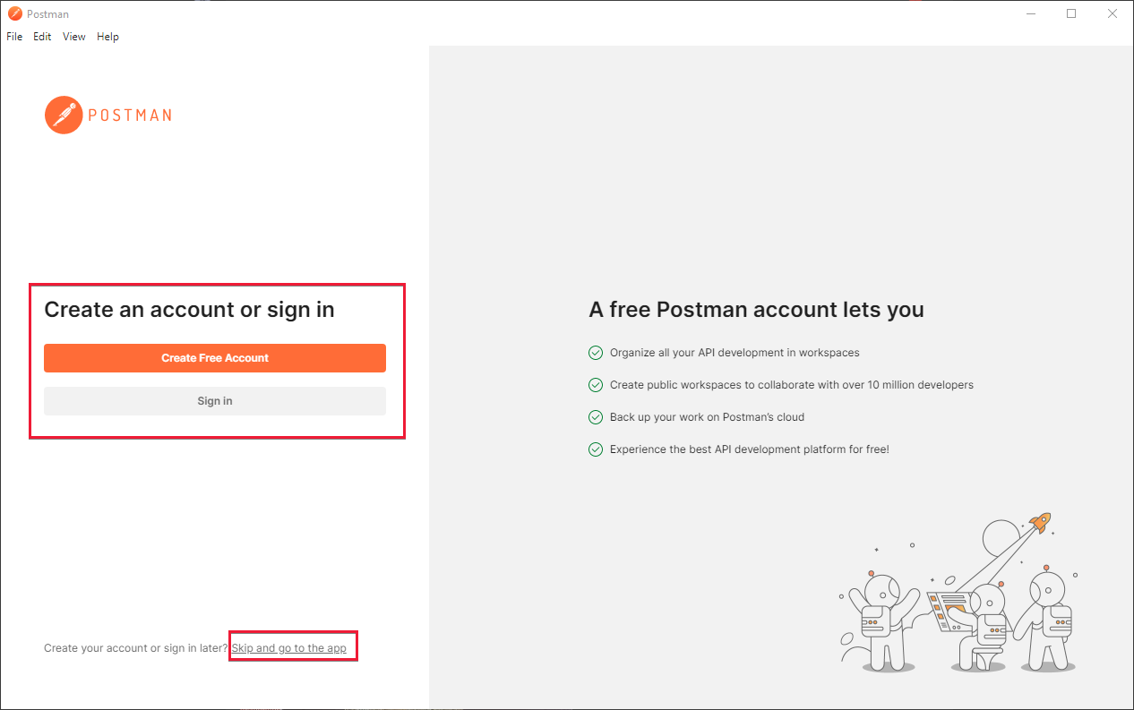 Captura de tela que mostra a tela inicial do Postman em que você pode criar uma conta ou ir diretamente para o aplicativo.