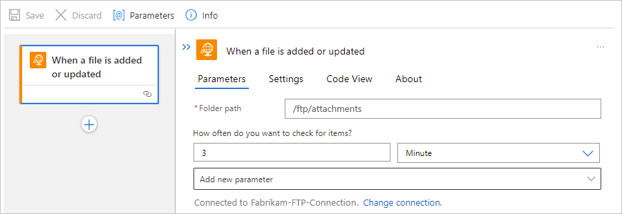 A captura de tela mostra o designer de fluxo de trabalho Padrão, o gatilho interno de FTP e o