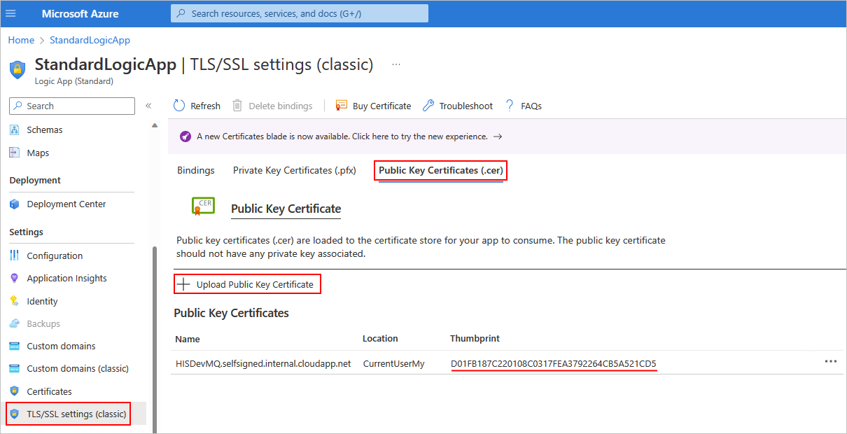 Screenshot showing the Azure portal and Standard logic resource with the following items selected: 'TLS/SSL settings (classic)', 'Public Key Certificates (.cer)', and 'Upload Public Key Certificate'.