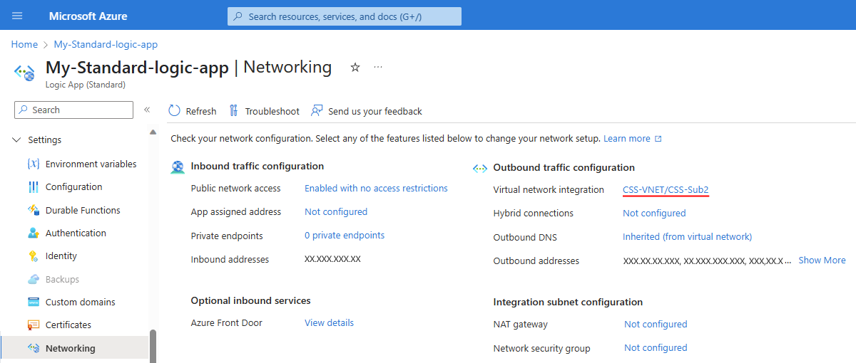 Captura de tela mostra o portal do Azure, o recurso de aplicativo lógico Standard, a página Rede com a rede virtual e a sub-rede selecionadas.