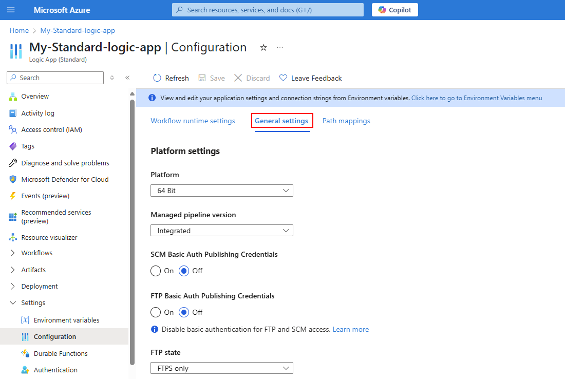 A captura de tela mostra o portal do Azure, o menu do aplicativo lógico Standard, Configurações e Configuração com&nbsp;a guia de configurações gerais selecionada.
