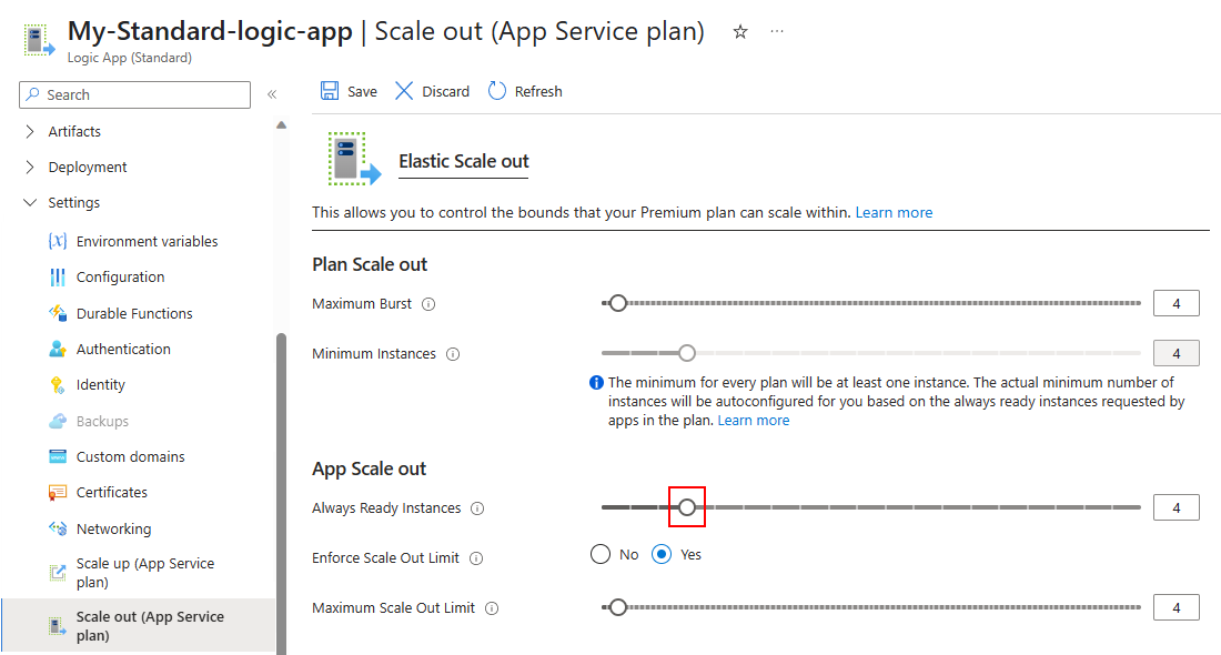 A captura de tela mostra o portal do Azure, o recurso de aplicativo lógico Standard, a página Escalar horizontalmente e o número de Instâncias Sempre Prontas definidos para corresponder à Intermitência Máxima e ao Limite Máximo de Expansão Horizontal.