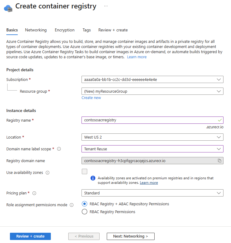Captura de tela mostrando as configurações de criação do registro de contêiner no portal