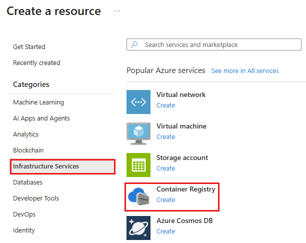 Captura de tela da opção para criar um novo recurso de registro de contêiner no portal do Azure.