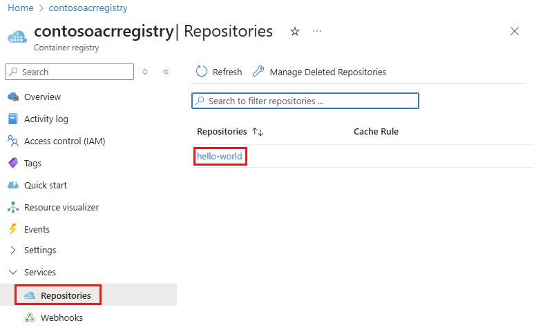 Captura de tela mostrando as imagens de contêiner de um registro de contêiner no portal do Azure.