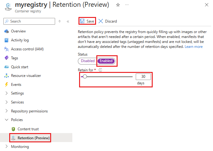 Captura de tela mostrando a opção de definir uma política de retenção para manifestos não registrados para um repositório de contêineres.