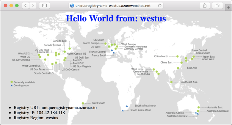 A captura de tela mostra o aplicativo Web implantado exibido em um navegador.