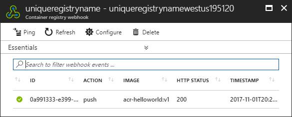 Container registry Webhook log in the Azure portal (West US)