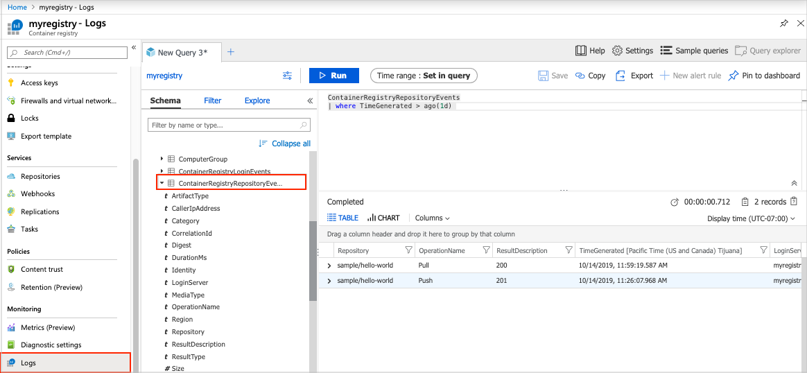 A captura de tela mostra os dados de log de consulta no portal do Azure.