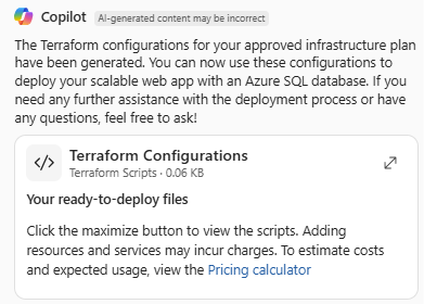 Captura de tela do Azure Copilot fornecendo configurações do Terraform para uma implantação.