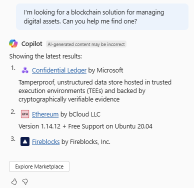Captura de tela do Azure Copilot fornecendo opções para soluções de blockchain no Azure Marketplace.