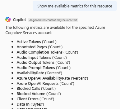 Captura de tela do Azure Copilot listando quais métricas estão disponíveis para um recurso.