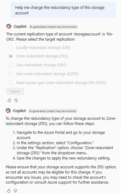 Captura de tela do Azure Copilot confirmando a replicação de destino para uma conta de armazenamento.