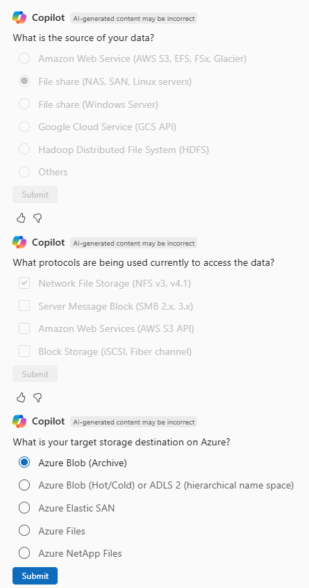Captura de tela do Azure Copilot fazendo perguntas de acompanhamento sobre um cenário de migração de dados.