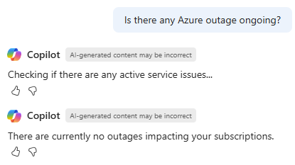 Captura de tela do Azure Copilot verificando problemas ativos de integridade do serviço.