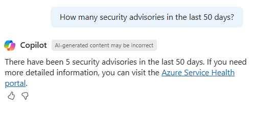 Captura de tela da verificação do Copilot do Azure para ver se houve algum aviso de segurança nos últimos 50 dias.