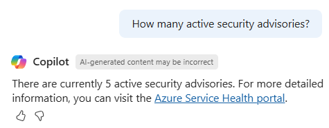 Captura de tela da verificação do Azure Copilot sobre quaisquer avisos de segurança.