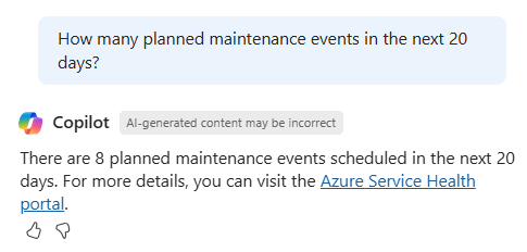 Captura de tela do Azure Copilot verificando se há eventos de manutenção planejados nos últimos 20 dias.