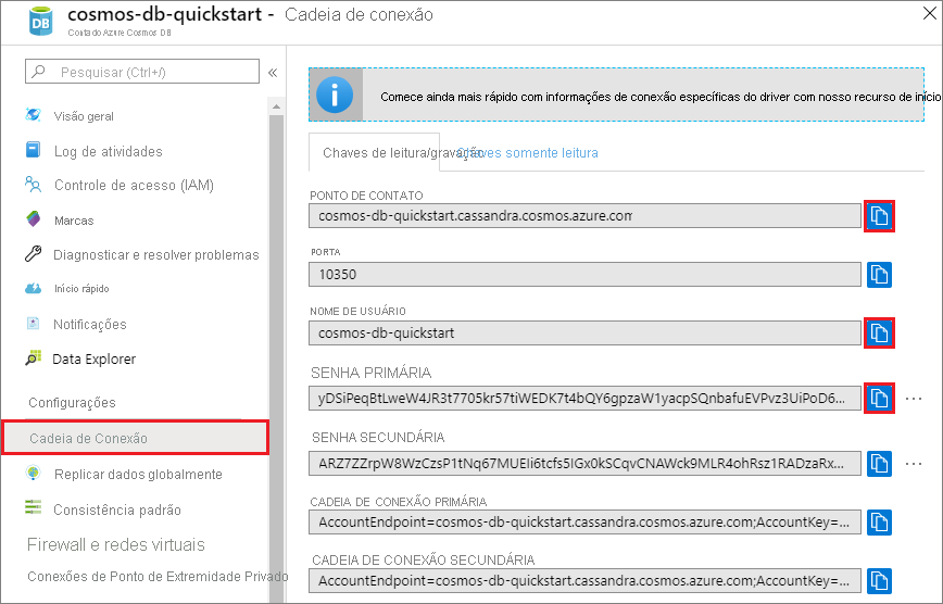 Exibir e copiar um nome de usuário do portal do Azure, página Cadeia de Conexão