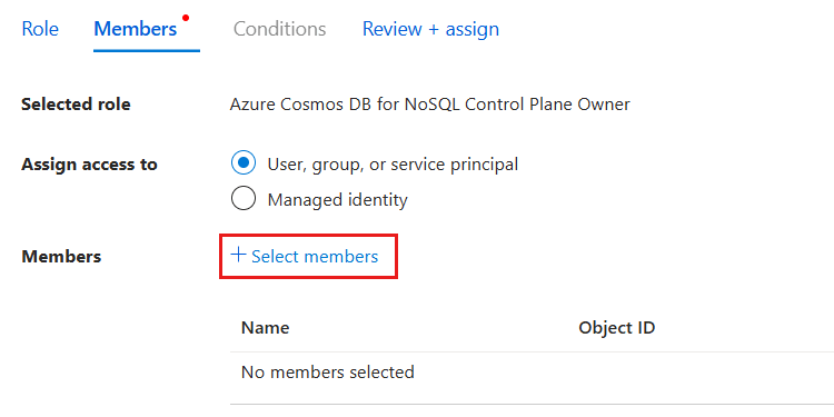 Captura de tela do painel 'Membros' para adicionar uma atribuição de função.