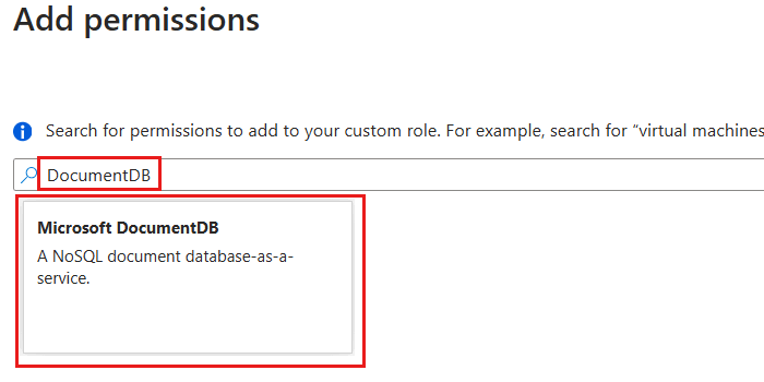 Captura de tela da caixa de diálogo 'Adicionar permissões' filtrada para permissões relacionadas ao 'DocumentDB' para adicionar uma função personalizada.