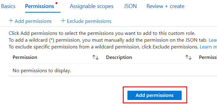 Captura de tela do painel 'Permissões' para adicionar uma função personalizada.