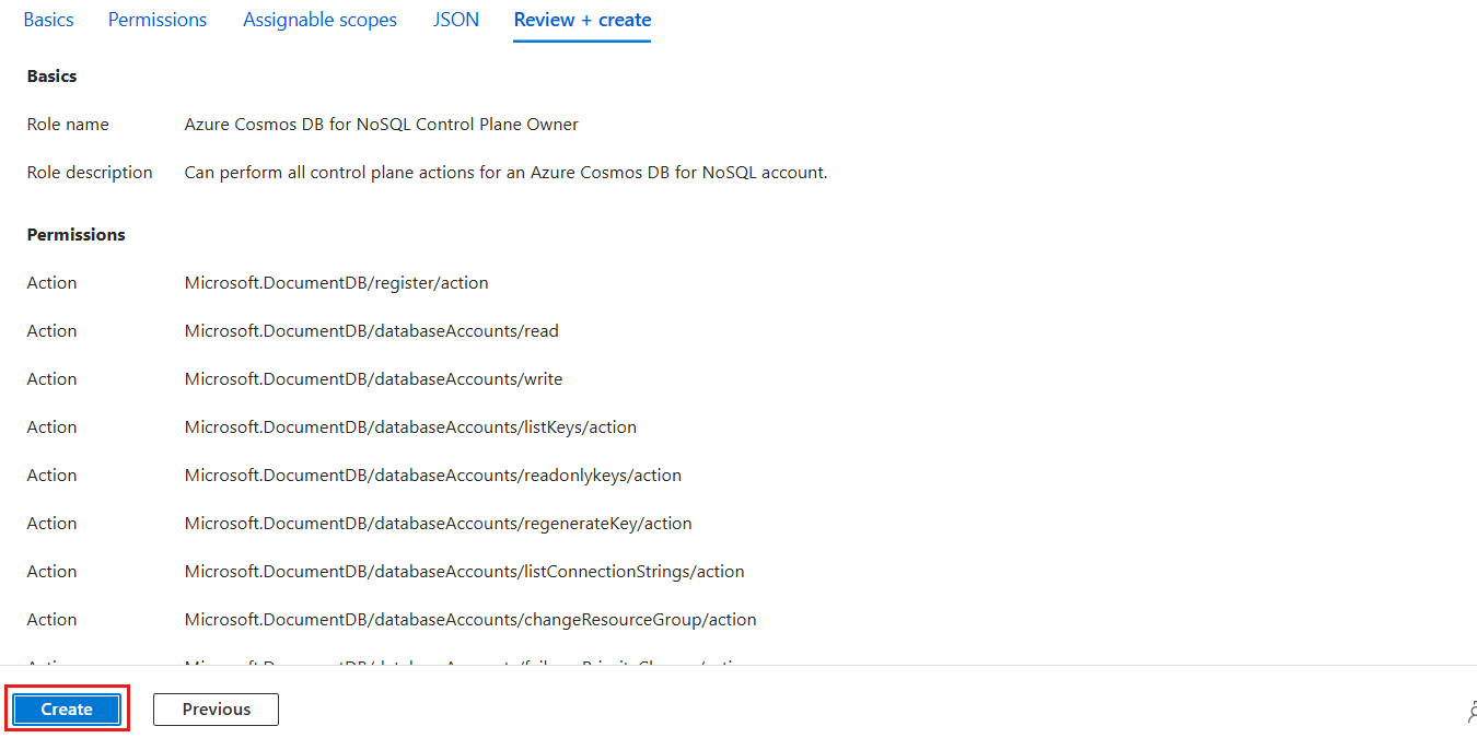 Captura de tela do painel 'Examinar + criar' para adicionar uma função personalizada.