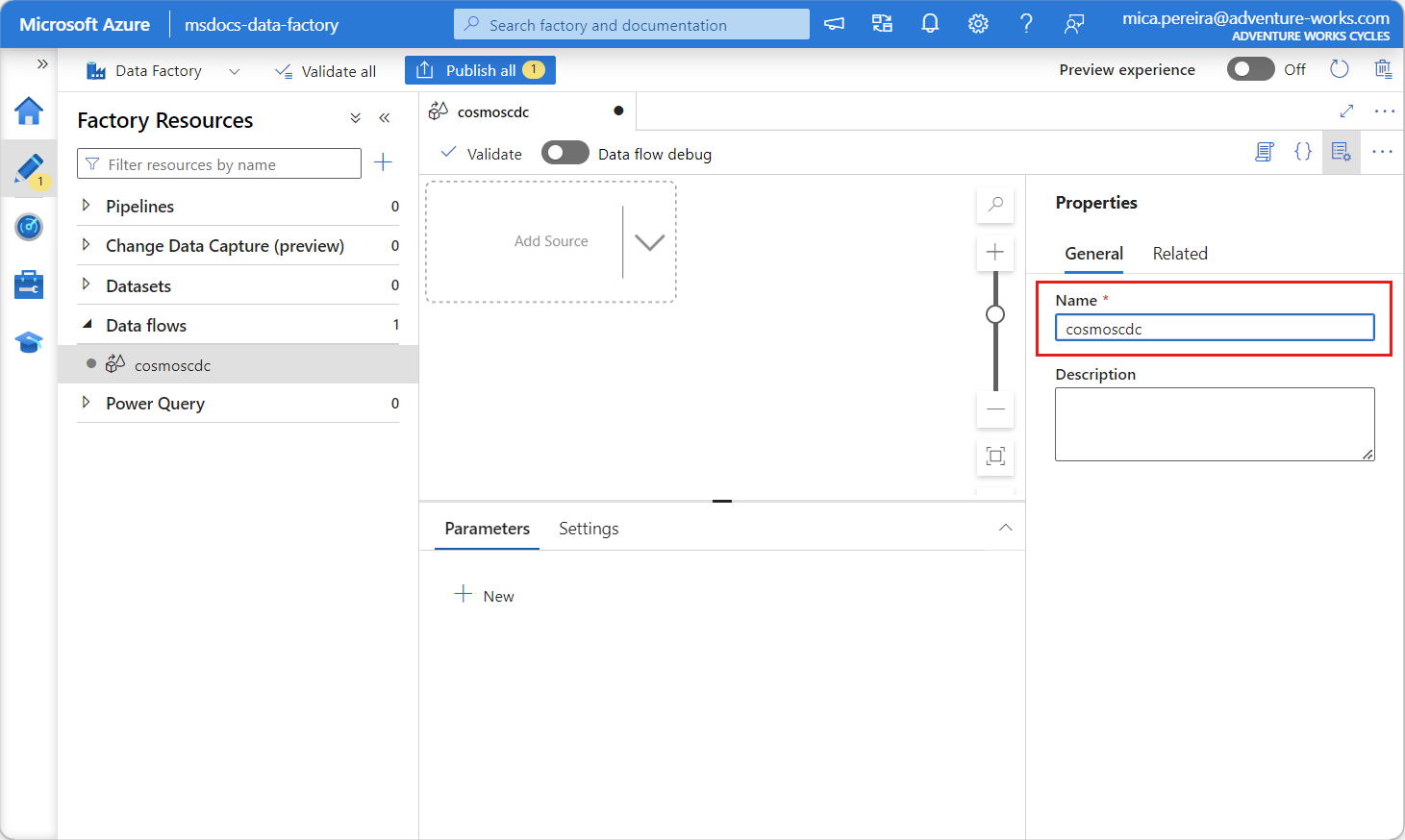 Captura de tela de um novo fluxo de dados denominado cosmoscdc.