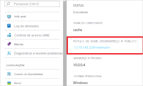 Captura de tela mostrando o endereço IP público de uma máquina virtual exibida no Portal do Azure