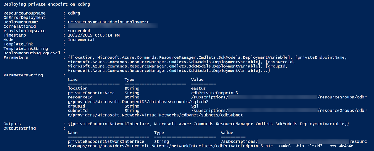 Captura de tela da saída de implantação do modelo do Resource Manager.