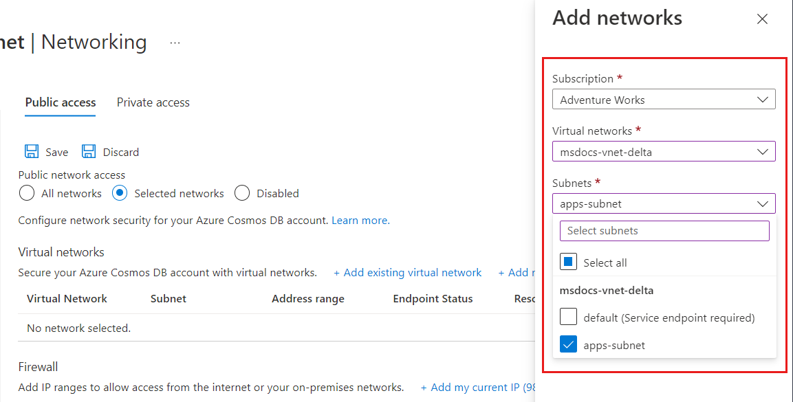 Captura de tela da caixa de diálogo para selecionar uma Rede Virtual do Azure e uma sub-rede com um ponto de extremidade de serviço do Azure Cosmos DB.
