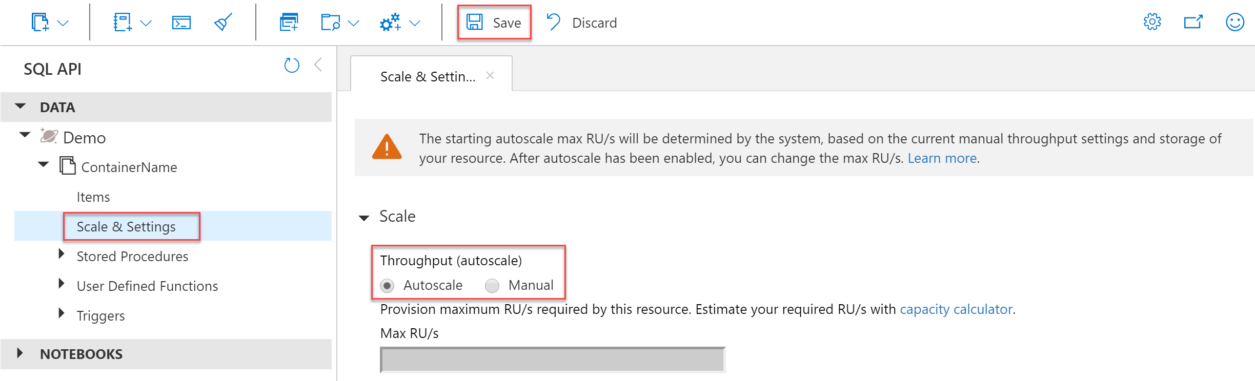 Captura de tela das configurações para habilitar o dimensionamento automático em um contêiner existente.
