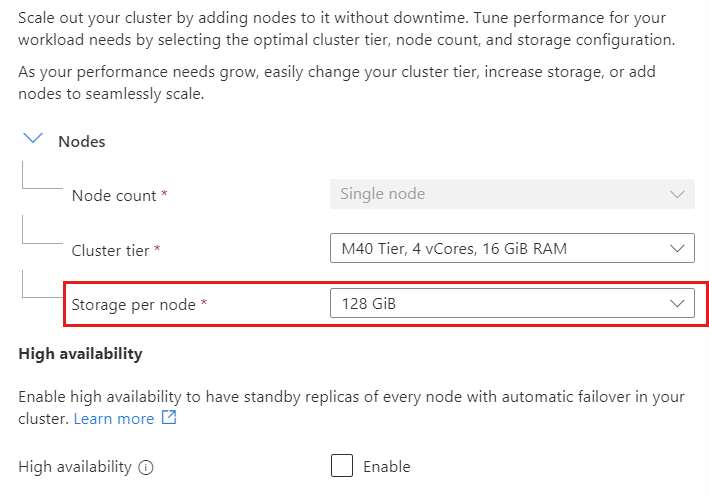 Captura de tela da opção de armazenamento por shard na página Dimensionamento de um cluster.