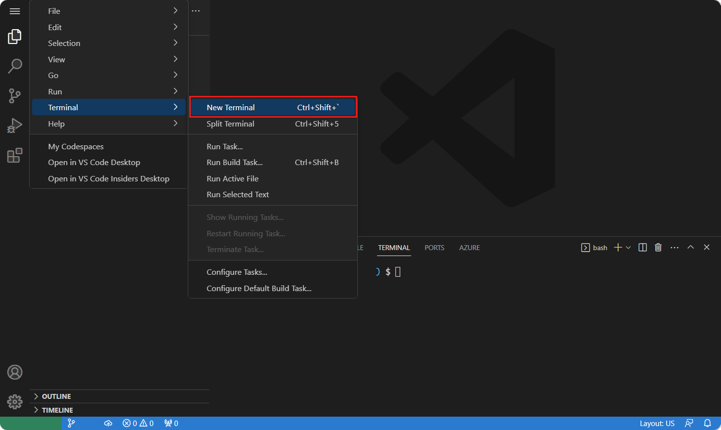 Captura de tela da opção de menu codespaces para abrir um novo terminal.
