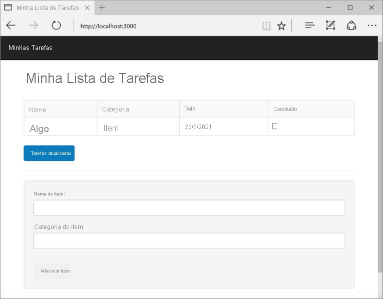 Captura de tela do aplicativo com um novo item na lista de Tarefas.