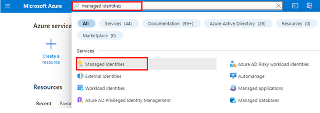 Screenshot of Managed Identities in Azure portal.