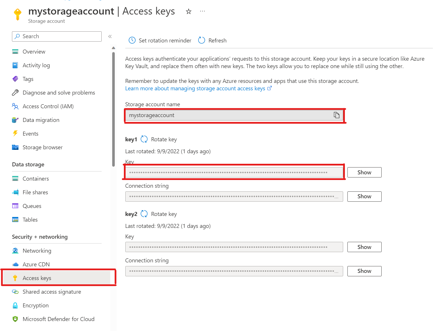 Captura de tela da seção Segurança + chaves de acesso de rede > de uma página Armazenamento de Blobs do Azure no portal do Azure.