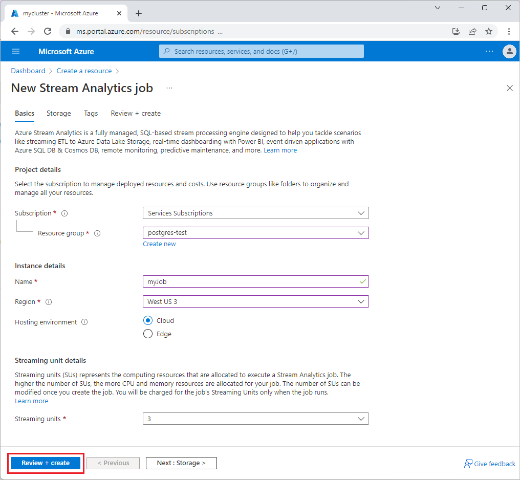 Captura de tela que mostra o formulário Criar trabalho do Stream Analytics.